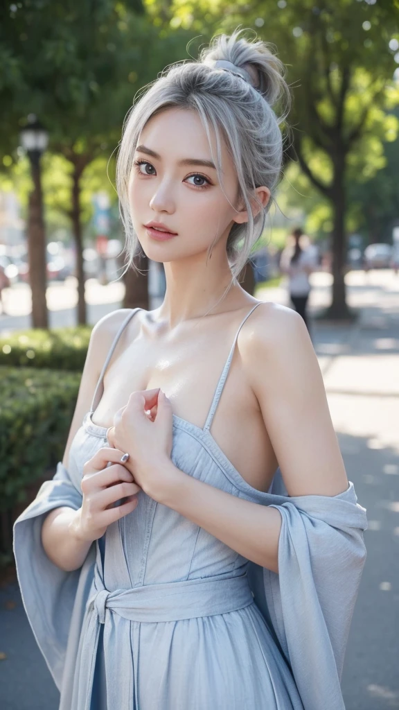 a delicate erotic female figure, beautiful detailed eyes,beautiful detailed lips,extremely detailed eyes and face,long eyelashes, nude woman, sensual pose, smooth porcelain skin, warm lighting, delicate colors, cinematic composition, masterpiece, (best quality,4k,8k,highres,masterpiece:1.2),ultra-detailed,(realistic,photorealistic,photo-realistic:1.37),high fashion, elegant, graceful, alluring, captivating, ethereal, glowing skin, fine brushstrokes, soft focused background, sophisticated aesthetic、Cowboy Shot , sitting on the floor,open shoulder white shirt , medium body shot, smilling,light blue hair colour