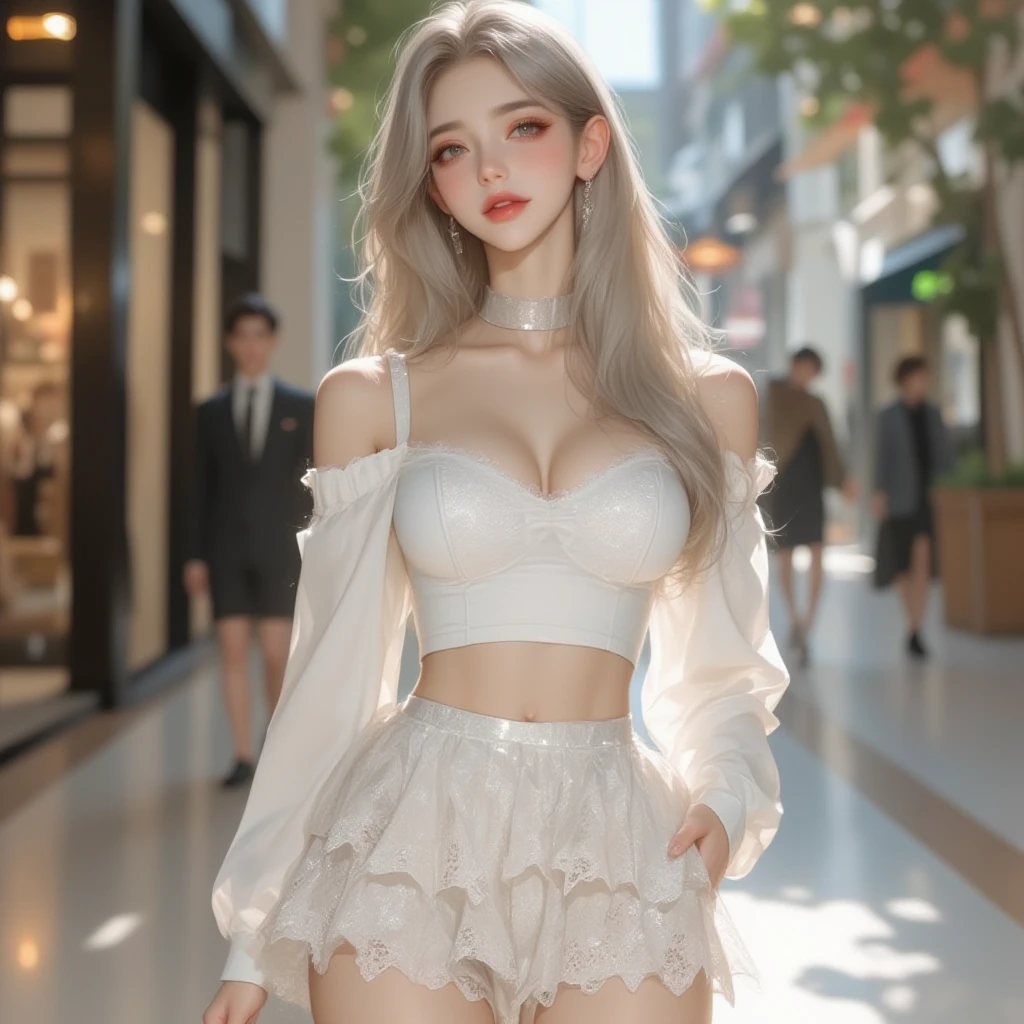((Realistic lighting, best quality, 8K, masterpiece:1.3)), lock focus:1.2, 1 girl, Beautiful woman with perfect body:1.4, : Two Korean beauties, K-pop idol,Leg length,(pale skin), (big eyes),(Smile:0.8),(plump sexy lips), Complex and detailed face, ((Skin is super delicate)),delicate face,Super face slimming,narrow eyes,double eyelids,((Blonde)), (white lace underwear:1.4),(feed,night:1.1),Background Shibuya streets,emphasize,Super face slimming,narrow eyes,double eyelids,(start from below:1.attitude,(medium bust:1.2),Sexy long legs, (Thigh clearance:1.5),wide hips,S-shaped body, Hips raised,Leg length,white skinny jeans,Shot from the front,Over-the-knee leather boots,