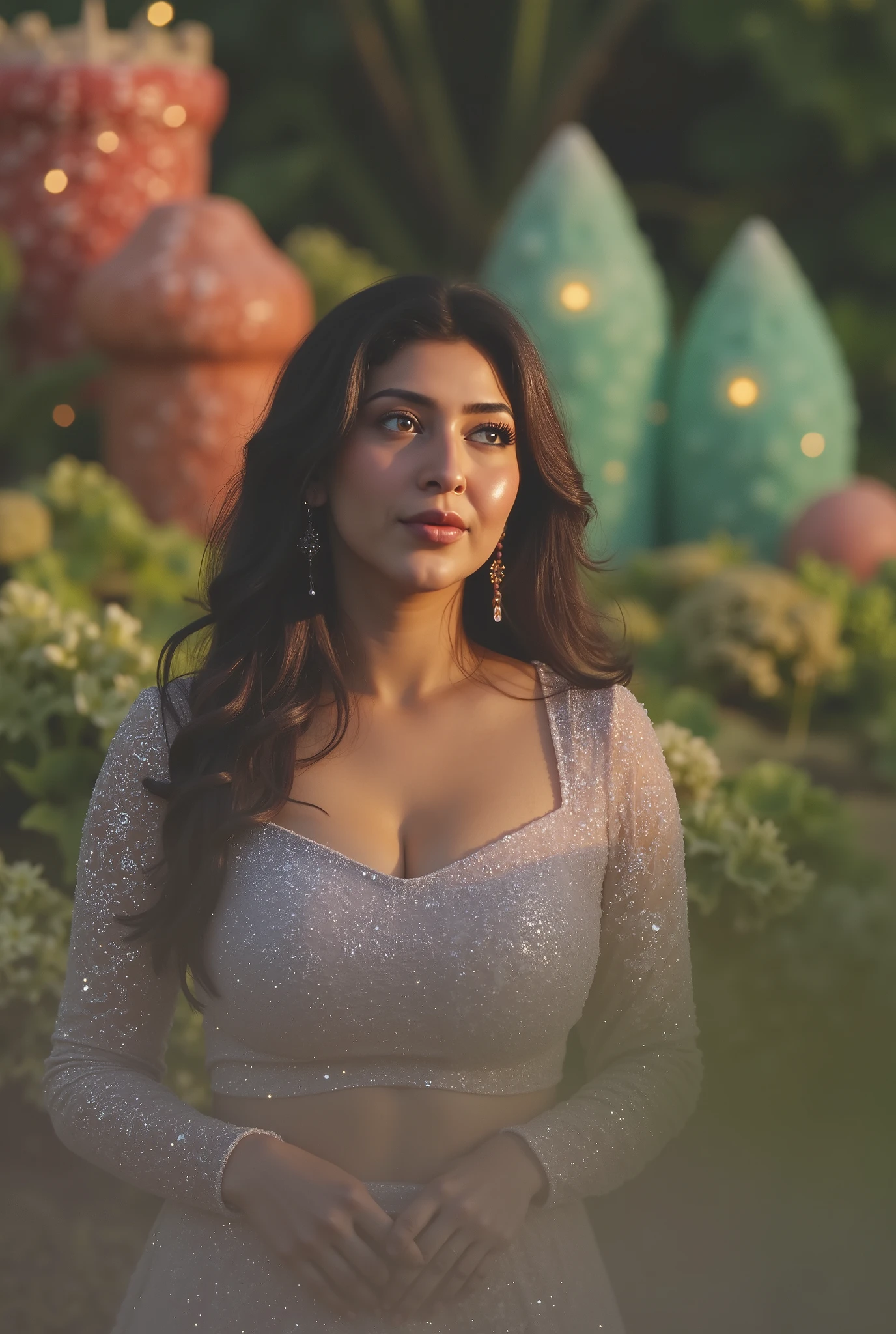Beautiful curvy, bubble, little fat, female model, dress and long designers skirts, detailed eyes liners,black long hair, (best quality, ultra-detailed, 8k resolution, macro photography style, extreme close-up, photorealistic textures, cinematic depth of field, shallow focus), fantastical microscopic world, vibrant alien flora and crystalline structures, translucent fungal towers, glowing spores floating in liquid air, iridescent pollen orbs, softly pulsing bioluminescent plants, spore clouds drifting like mist, surreal color palette (neon green, aqua blue, pastel pink, amber), micro-castles grown from coral-like tissues, cell membrane walls with intricate fractal patterns, micro-rivers flowing with glowing liquid, atmospheric particles suspended in fluid, whimsical microscopic architecture, magical microbiome kingdom hidden beyond sight, tiny fairies with luminous wings, flying among spores and crystals, interacting with glowing plants, fairy dust trails, ethereal and graceful, seamlessly blending with the microbiotic environment