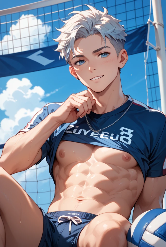 best quality, masterpiece, extremely detailed, close up of cute and muscular young man, soft medium length messy curtain bangs, blond hair, blushing, wearing a silver chain necklace, panting breathing, opened off-shoulder tracksuit jacket, exposed torso, pulls down tracksuit pants waistband expose hips, outdoor track and field, very seductive expression, side view, ambient lighting, extremely dramatic shadows, perfection, no watermark, no logo, no signature