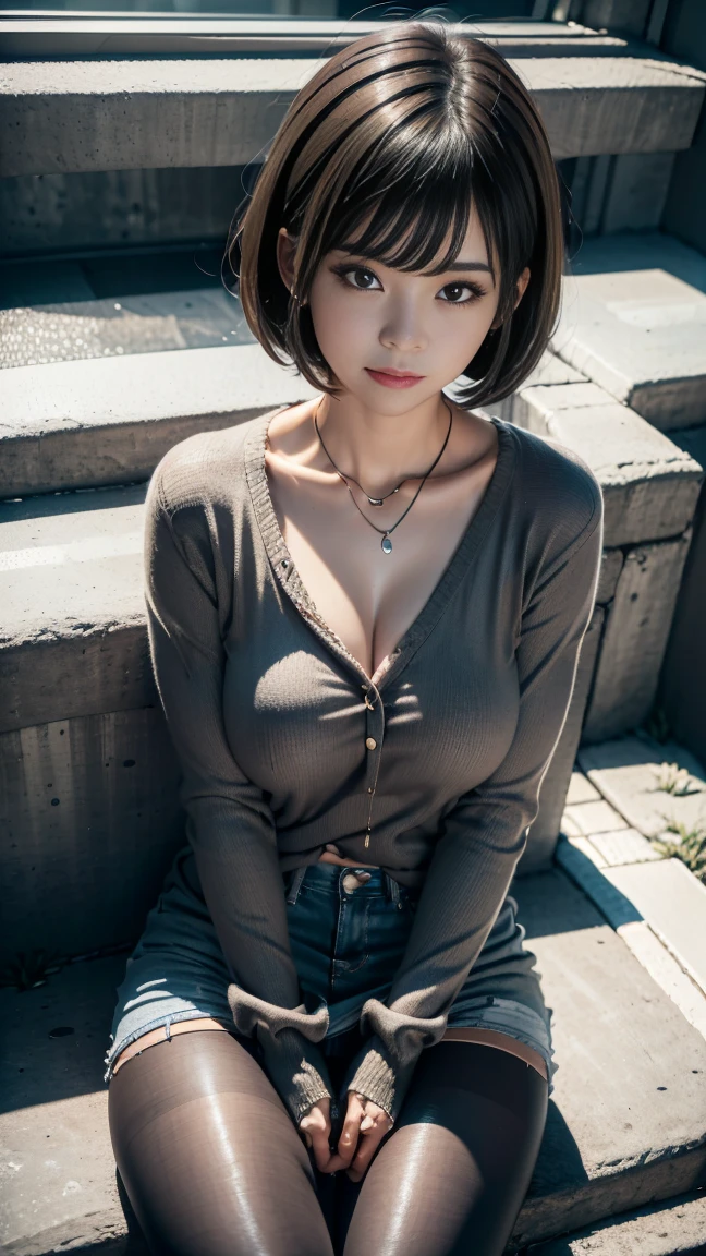 highest qualityr:1.1), (masterpiece:1.4), close-up, only 1girl, Momovelia Deviluk, Hair Ornaments, Bob Cuts, Short-haired Pink Hair, One Black Eye, Medium Chest, ((Knitted Tops )), Seductive look, bedroom, (red blush:1.2)、embarrassed expression,(((Black high socks))), on the beds,((Thigh-high leggings)),((Denim miniskirt)),(( Sleeveless knitwear))