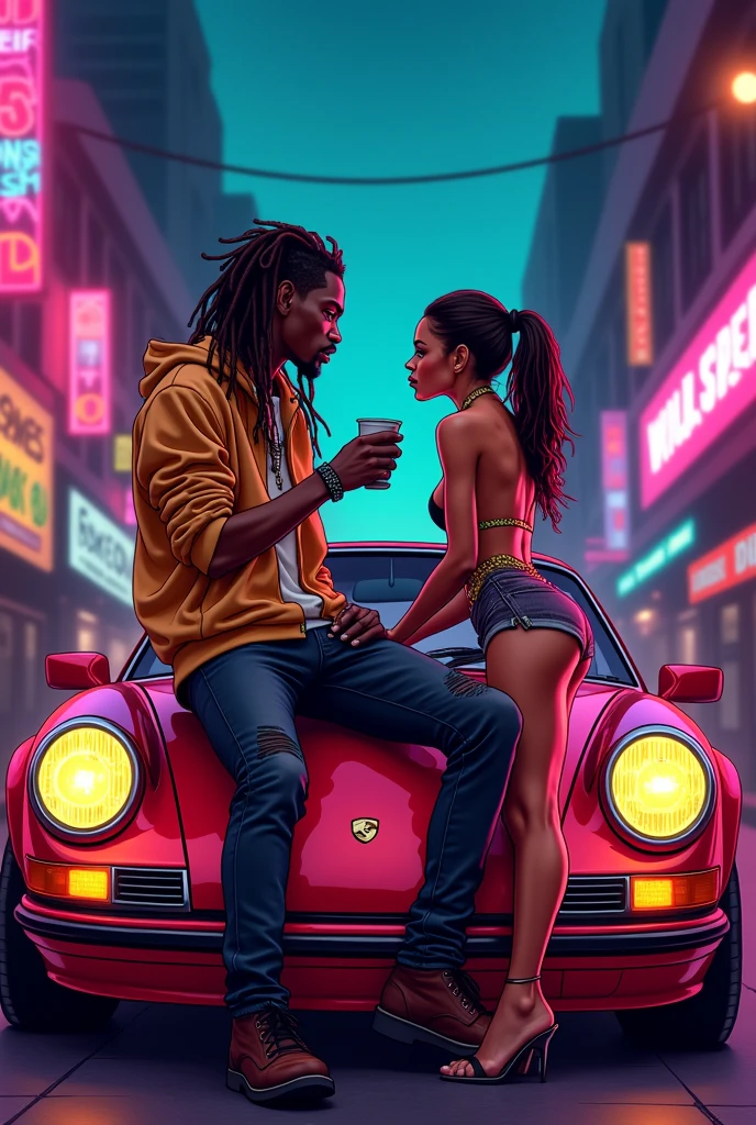 3D Light Skinned Couple, In The Car Background, Male Braids, Female Long Black Hair, Gold Crowns, Gold Chains That Say King And Queen, Male, Tattoos, Both Blowing Smoke Into Each Other Mouth, Hennessy, Hyper Realistic