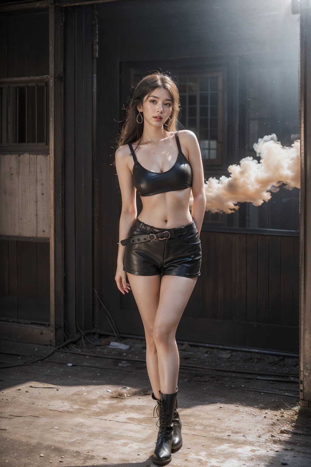 Surreal version of young Japanese beauty kneeling down on one knee, futuristic background, Japanese ninja, long hair, black short dress showing navel, black short skirt, cool colors, very intricate details, realistic lighting, facing the camera, surreal Detail, full body portrait, global illumination, 8k, HDR, ultra-high resolution, depth of field, maximum clarity and sharpness, multi-layered textures, light and material interaction, wide aperture, low ISO, smoke background.