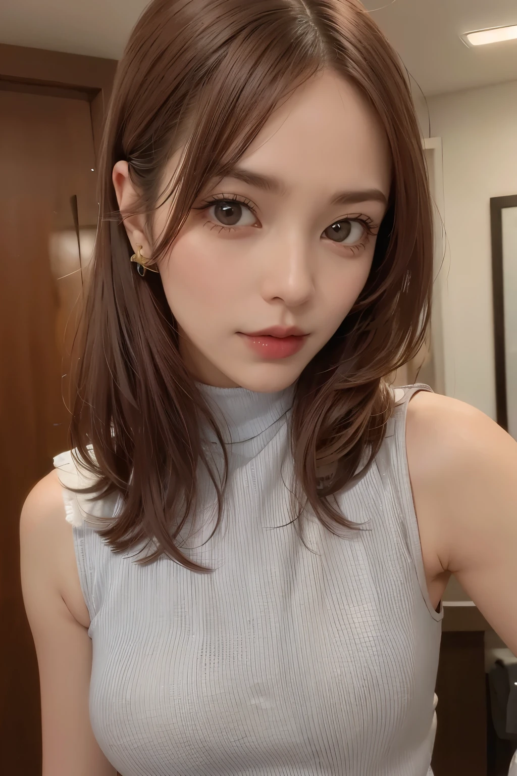 Look into the eyes, Eye contact, Front of face, face, Cross-legged, indoor, Brown Hair, bangs, Tank top, Sweat, clavicle, shoulder, Cross-legged, chest, Earrings, Skin Moisture, The gaze looking down on me, Look at me, chest元, breast, look, Private room, hand