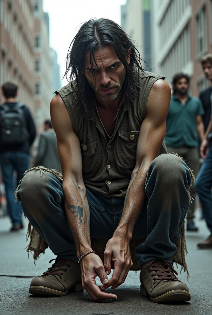 white man with defined physique, hairy, wavy brown hair, bearded, loose gray pants, torn, dirty with dirt , beggar , beggar appealing , homem beggar , beggar gostoso ,beggar sujo, homeless , appealing , poor area of the city , nightfall