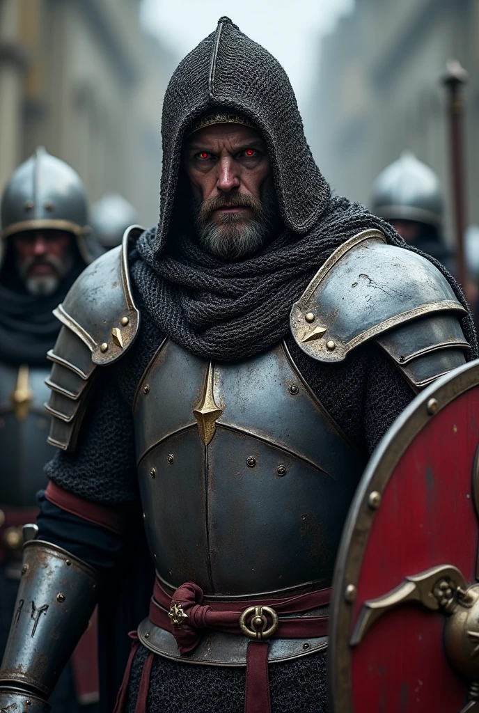 manly handsome king in latex armor standing in front of his magical kingdom, small servant man with full beard in front, shaved head, revealing, (big bulge:1.2)