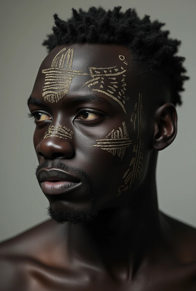 a black man with gold details on his skin. your skin is painted with golden spirals. a king. He has black hair and eyes as black as the night without stars and moon




