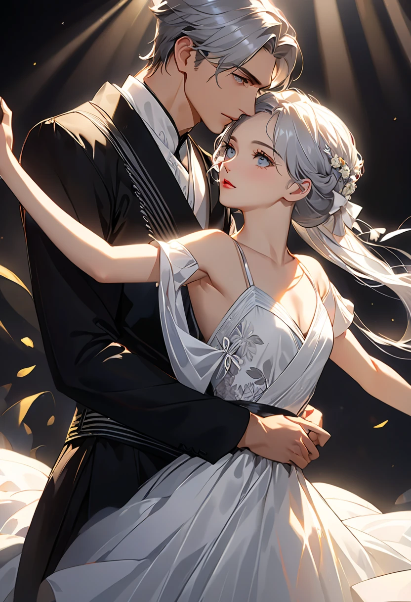 ( perfect anatomy )Charming oriental girl with long black hair, and a handsome silver-haired boy.Glorious clothing models on the catwalk.Showcasing this year’s latest fashionable dresses. Dynamic pose detail face. realistic eyes. The face and eyes are very detailed. delicate skin.、delicate skin texture smile,Soft Light, Professional photography master'artwork, texture, complicated, Clear, High-quality masterpieces,Extremely complicated and exquisitely detailed, Super detailed, Super detailed digital art