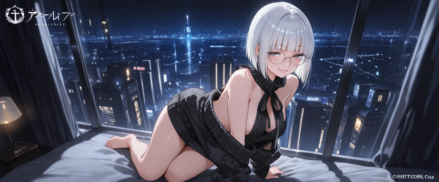 (nsfw:1.5),(ultra-realistic, highres, best quality, 4k, professional, cowboy shot), an image of a character sitting in a neon lit area, beauty eyes, sharp eyes. Her Asymmetric Pixie hairstyle, silver hair, short hair, and left-facing bangs with red highlights make her stand out. in the style of pastel goth, chinapunk, cryptid academia, album covers, cityscape, dark purple and black, onii kei