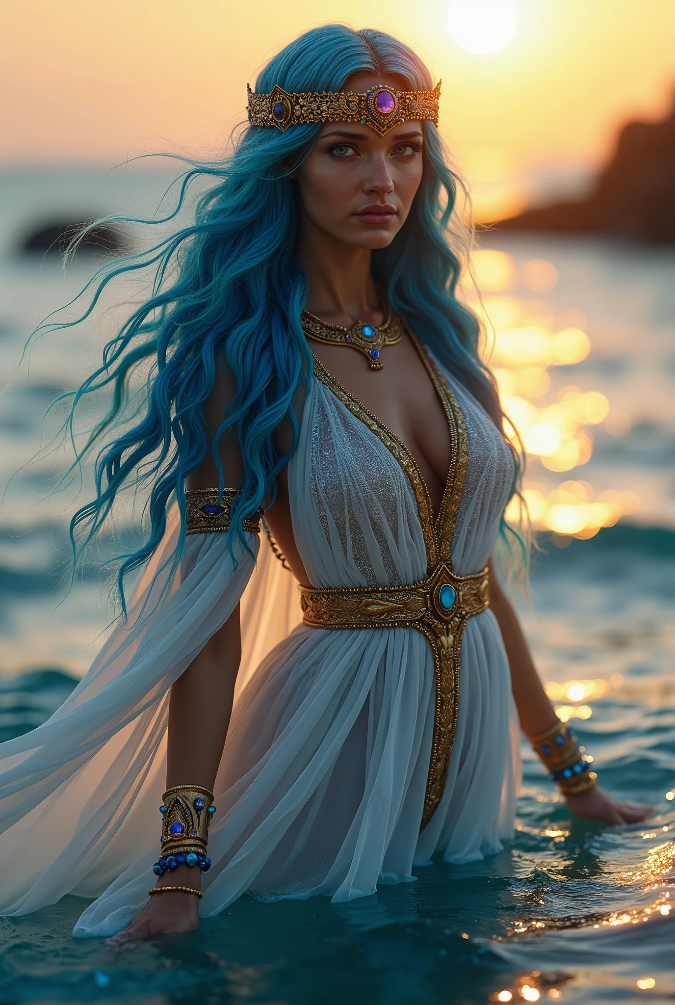 A goddess of unparalleled beauty, with long, light blue wavy hair that gracefully cascades over her shoulders, her blue eyes shimmering like the surface of a lake at dawn. She is in Ancient Egypt, where her presence dominates the surroundings with a divine aura. Her skin is flawless and radiant, highlighting her youthful and eternally perfect appearance.She is dressed in a thin, tight linen dress, the khalasiris, the white fabric clinging to her slender and sculpted body, accentuating every curve. The dress is boldly cut, with side slits revealing her long, toned legs, while a deep V-neckline showcases her collarbone and part of her chest, exuding sensuality.A thin golden belt cinches her waist, enhancing her silhouette, and she wears a broad necklace, richly adorned with blue, gold, and turquoise stones, reflecting her connection to water and her divinity. Her arms are adorned with golden bracelets and bangles resembling waves, while her feet are elegantly clad in golden-strapped sandals that lace up to her ankles.Her walk is graceful, and every movement causes the dress to flow like water around her, leaving a trail of desire and admiration. Her presence is overwhelming, and her seductive gaze can make anyone succumb to her will. She is the epitome of power and beauty, a goddess who not only rules the waters but also the hearts of those fortunate enough to cross her path."