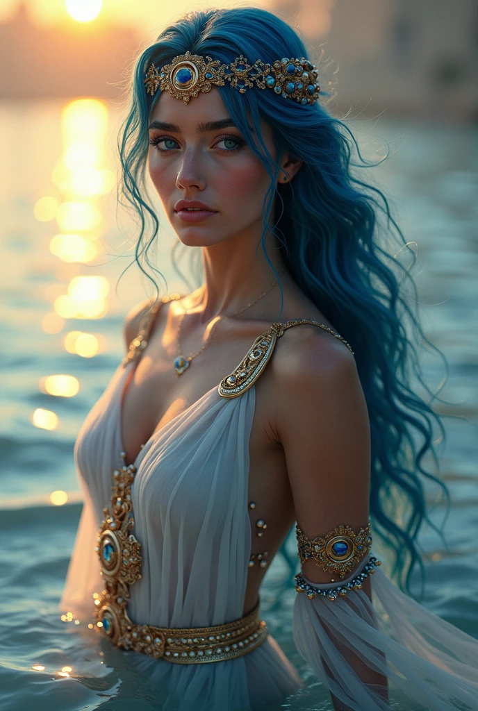 A seductive mythological siren (beautiful water fairy with blue hair, pale blue skin, green eyes) (bare shoulders, bare legs, bare arms) wearing water clothes that are translucent like the sea and she is sitting on a (rocky shore) with (her mouth open as she sings passionately) an enchanting song, BREAK, in the background, a single-masted vessel (ancient Greek trireme) manned by ancient Greek sailors, is approaching on rough seas towards the jagged and rocky shores in stormy weather
