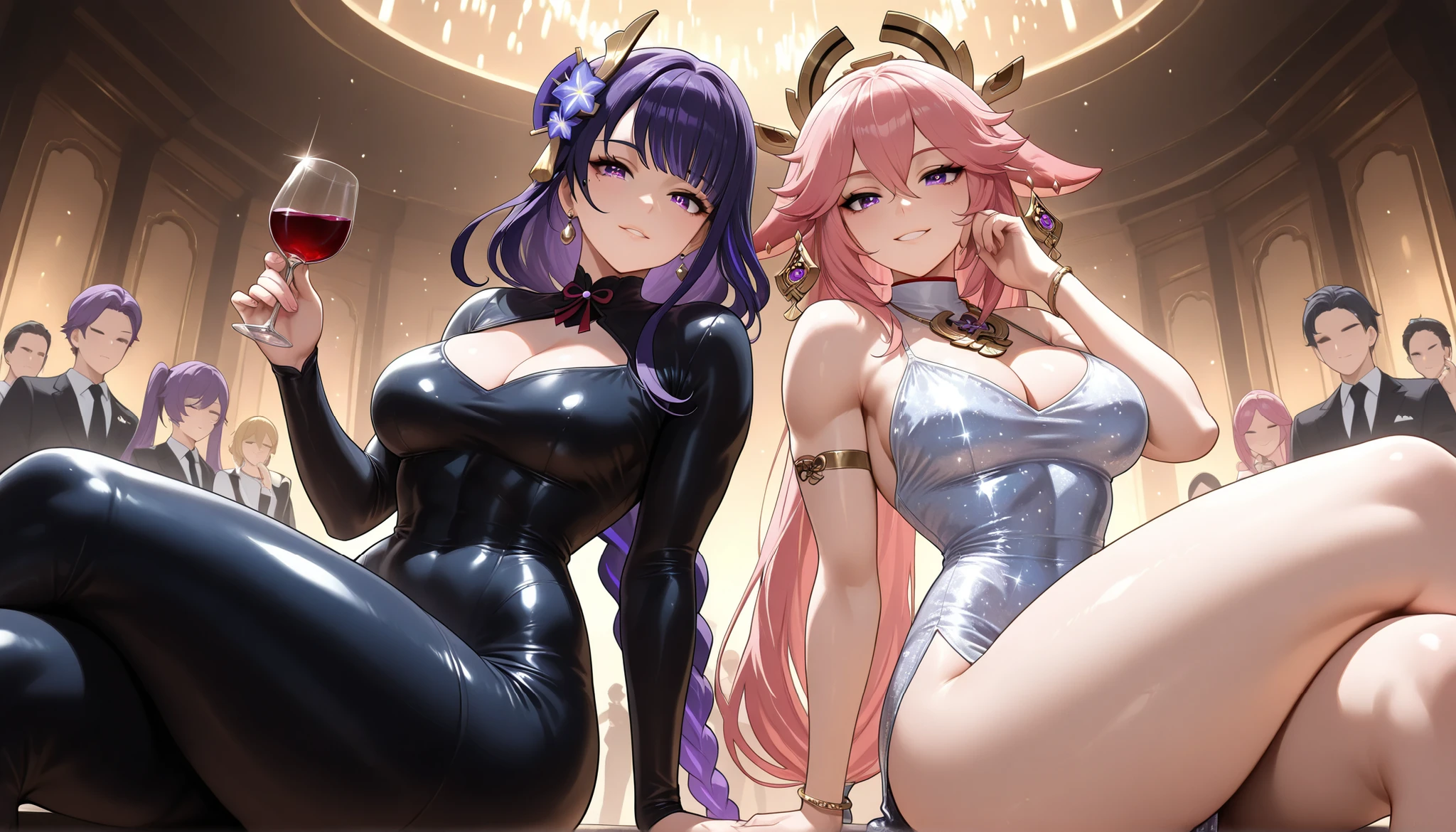masterpiece,best quality,high resolution,8k,ultra HD,wallpaper,illustration,perfect face,cowboy shot,beautiful detailed eyes,extremely detailed face,perfect lighting,extremely detailed CG,perfect anatomy,perfect body,perfect hands,perfect fingers, detailed face, detailed eyes, 2girls,{Yae Miko \(genshin impact\)}:(hair up, thicc, athletic body, toned, thighs, narrow waist, thick thighs, curvy, wide hips, thick ass, medium breasts, skin tight, skin tight clothes, skin tight dress, holding a glass of wine, white dress, glitter, glitter dress, pelvic curtain, purple eyes, pink hair) ,{Raiden Shogun \(genshin impact\)}:(braids, twintails, thicc, athletic body, toned, narrow waist, thighs, thick thighs, curvy, wide hips, thick ass, medium breasts, skin tight, skin tight clothes, skin tight dress, black bodycon, purple eyes, purple hair) ,BREAK, older female, cleavage, sideways, sitting, legs crossed, looking sideways at the viewer, smile, teeth, jewelry,shiny skin, earrings, gold necklace, hand resting on her cheek, the background is a bar, crowd, winkin, heart, seductive look, upperbody, breast focus, low angle.