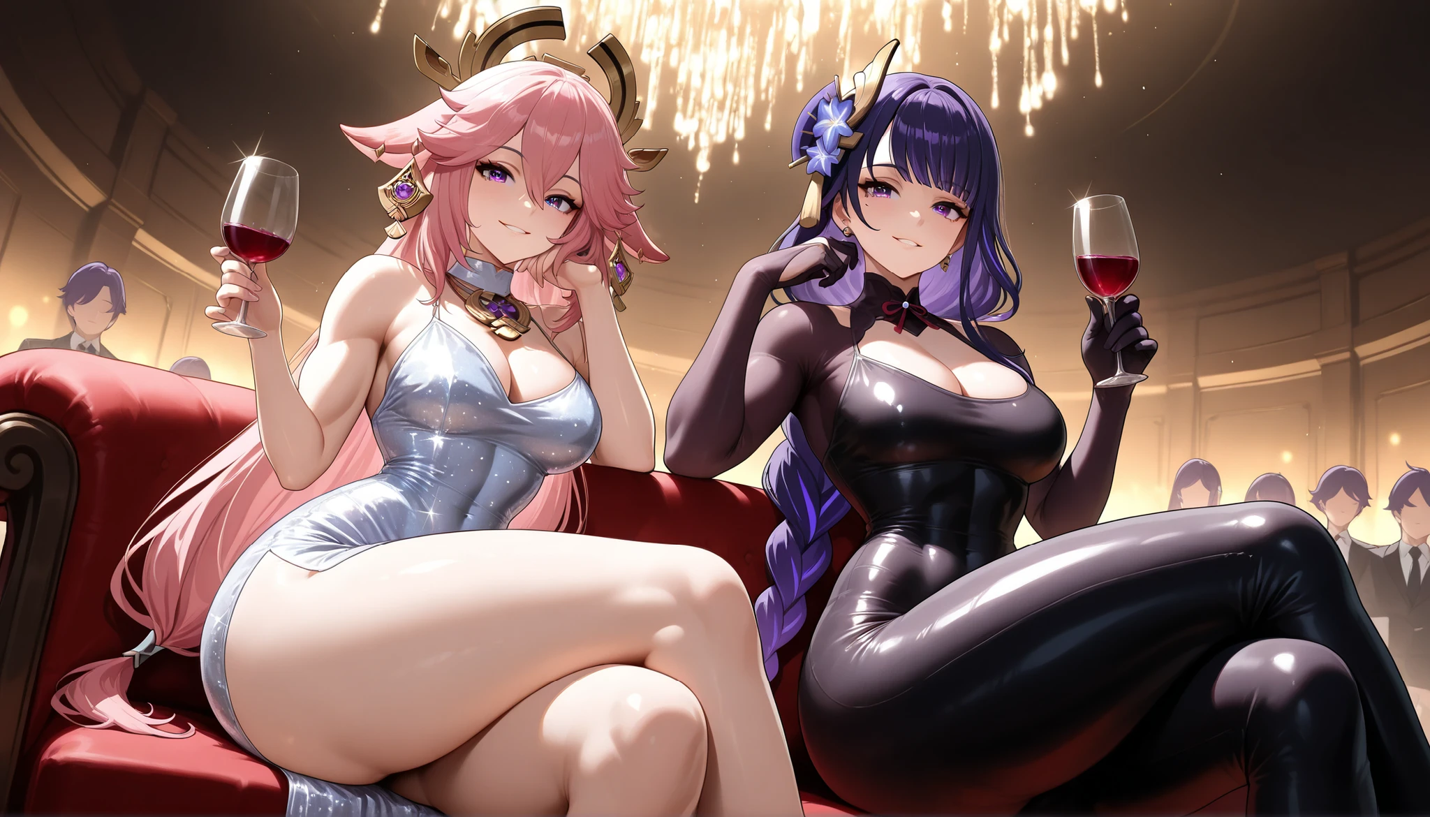 masterpiece,best quality,high resolution,8k,ultra HD,wallpaper,illustration,perfect face,cowboy shot,beautiful detailed eyes,extremely detailed face,perfect lighting,extremely detailed CG,perfect anatomy,perfect body,perfect hands,perfect fingers, detailed face, detailed eyes, 2girls,{Yae Miko \(genshin impact\)}:(hair up, thicc, athletic body, toned, thighs, narrow waist, thick thighs, curvy, wide hips, thick ass, medium breasts, skin tight, skin tight clothes, skin tight dress, holding a glass of wine, white dress, glitter, glitter dress, pelvic curtain, purple eyes, pink hair) ,{Raiden Shogun \(genshin impact\)}:(braids, twintails, thicc, athletic body, toned, narrow waist, thighs, thick thighs, curvy, wide hips, thick ass, medium breasts, skin tight, skin tight clothes, skin tight dress, black bodycon, purple eyes, purple hair) ,BREAK, older female, cleavage, sideways, sitting, legs crossed, looking sideways at the viewer, smile, teeth, jewelry,shiny skin, earrings, gold necklace, hand resting on her cheek, the background is a bar, crowd, winkin, heart, seductive look, upperbody, breast focus, low angle.