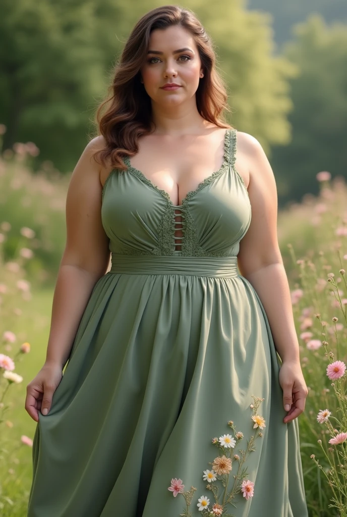 Beautiful Chubby young girl, wavy long ginger hair, intricate, green summer dress, big breasts, curvy body, 8k uhd wallpaper , ((masterpiece)) , (high detail), digitalart, vintage color photo, 1930s, old photo, 1930s fashion