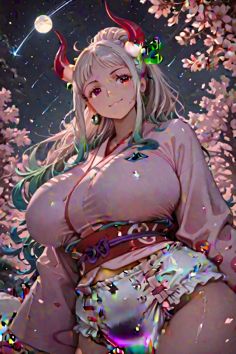 cat furry girl, white long hair,yellow kimono with flora embroidery,sakura garden background,looking at viewer,glasses,smile,open mouth,heavy breath,sakura petal in the air,leaning against sakura tree,high angle,reach out to squeeze girl breasts
