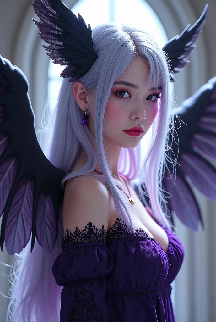 ((extreme detail)), (ultra-detailed), chiaroscuro, extremely detailed CG 8k wallpaper unit, best quality, 1girl, age19, succubus, Solo, very long, metallic platinum, dark purple-striped, demonic hair, bun hair, pale skin, (((blue)) eyes), blue demon ears, large (blue((wings))), FF-cup breast, ((white keratin) horn), Looking at Viewer, Full body, a necklace, off shoulders, Sweaters, Realistic, beautiful, detailed, nice background, cute