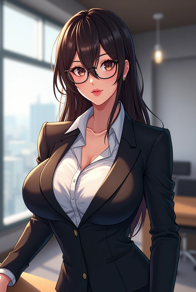 masterpiece, best quality, high resolution, UHD, 8k, ((cowboy shot)), BREAK, 1 girl, ((girl style anime)), Glossy skin, rounded eye, beautiful eyelash, realistic eye, beautiful woman, brown ligth hair, long hair, with white highlights, slicked-back haircut, perfect body, big breasts, wearing black glasses, BREAK, detailed clothes, beautiful face, wearing in black close formal suit with a white shirt, red tie, black pants, BREAK, standing touching his glasses with a weak smile, in an office with many papers and folders and a small statue of justice.