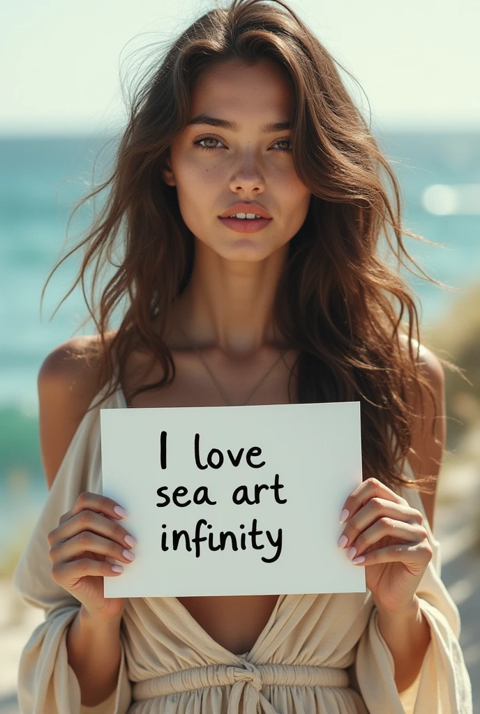 Beautiful girl with wavy long hair, bohemian dress, holding a white board with text "I Love Seaart Infinity" and showing it to the viewer