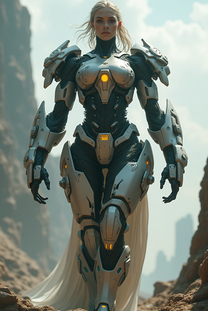(best quality,4k,8k,highres,masterpiece:1.2),ultra-detailed, female ranger, white suit, tyrannosaurus head for helmet, asymmetrical suit, yellow claw shaped emblem on left side of suit. HDR, 8k, absurdres, cinestill 800, sharp focus, add_detail:2, (solo, woman)
