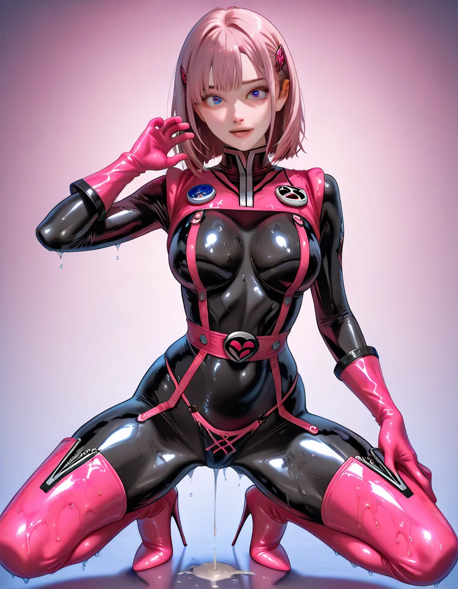 可以看到A girl, Very pretty and thin girl, Such, Full pink body anzug, Shiny latex, masterpiece, high quality, Looking up from the front, Squatting in M position, Wearing black underwear and leggings，Wearing a latex mask. Dark room，Only red neon lights. Lots of details, extremely Realistc. high quality, 8K (8K, Top quality, masterpiece:1,2), (Realist, Photorealistic:1.37), Super Detail, A girl,), (Very detailed), (Beautifully detailed eyes), (最high quality), (Very detailed ), (masterpiece), (Delicate face),14 years old, ,1 girl, (whole body, Standing), ((Pinkies Hair,Very short hair)), Medium breasts, wearing clothes, Perfect Lightning, Audience watching, Excited face, Naughty face, (Pink Rubber Bodysuit:1.3), Sweetheart neckline at chest, (Pink rubber:1.4), White stitching on seams, Zipper at back, (Pink rubber heels:1.2), (Pink rubber gloves:1.2), cubit length, (Pink Rubber Necklace:1.2), Wide, Buckle up, ((Neon Genesis Evangelion, Makinami Mari,

