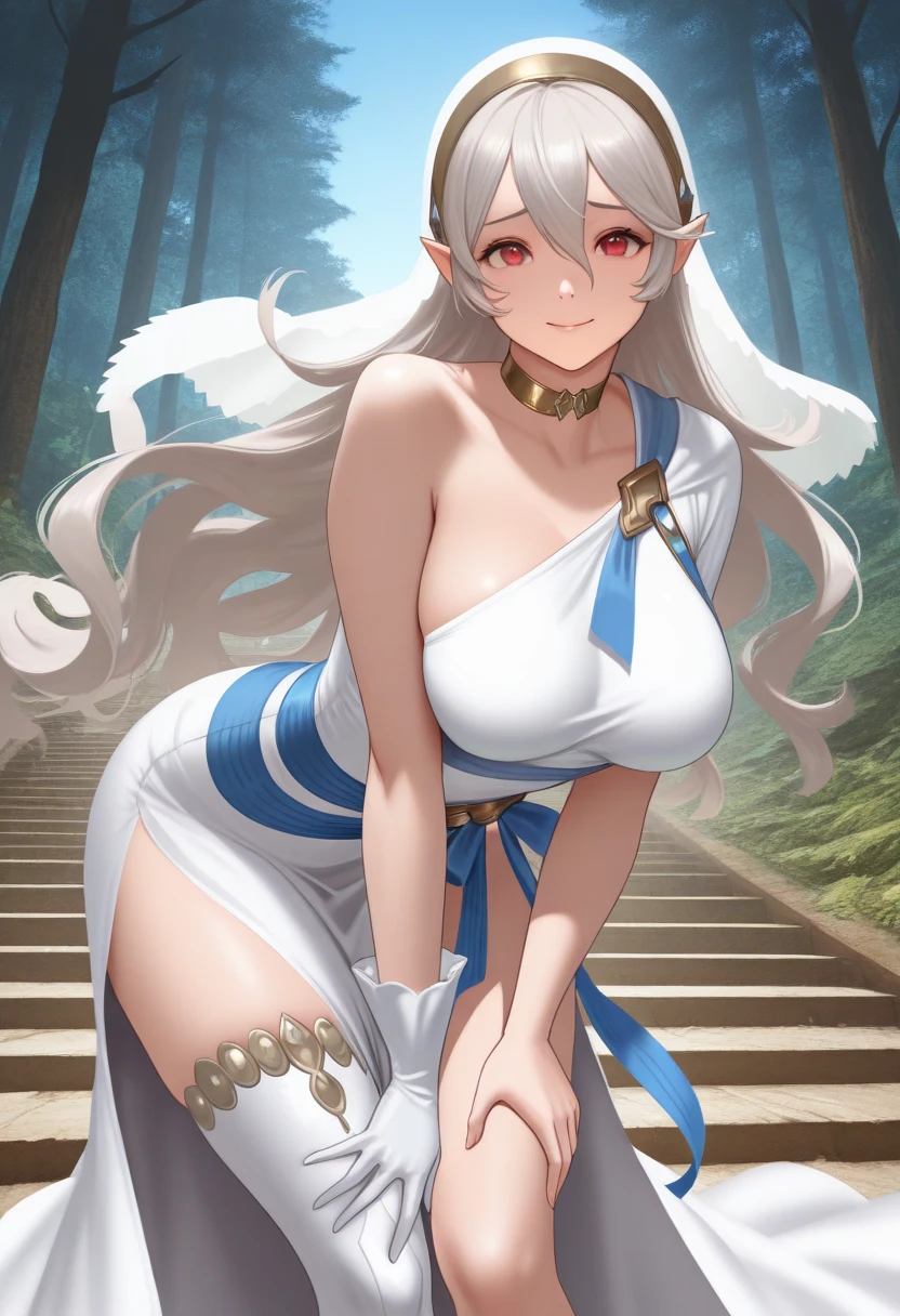 A girl with white hair reaching below her thighs, her bright and vivid ruby-colored faith eyes, her skin pale and soft, innocent and pure, She only wears a white short-sleeved dress that reaches to her knees and her legs and arms are covered by bandages.