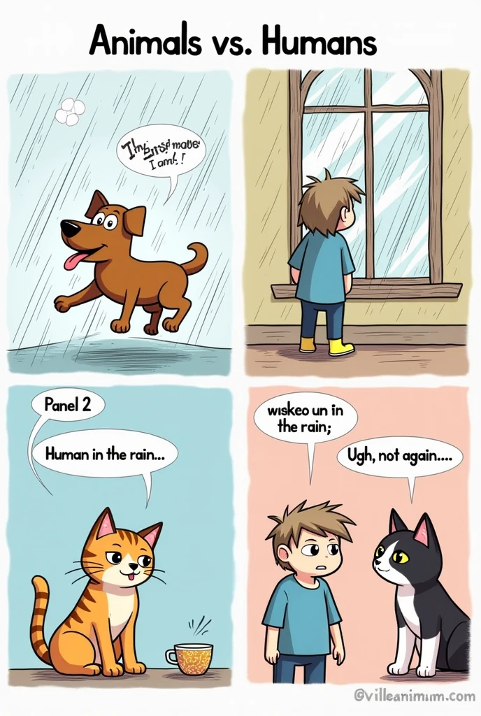 2comic panels.  girl and dog\(golden retriever\) at silver world with no footprints. girl walked on the snow and looks back surprised to see own footprints