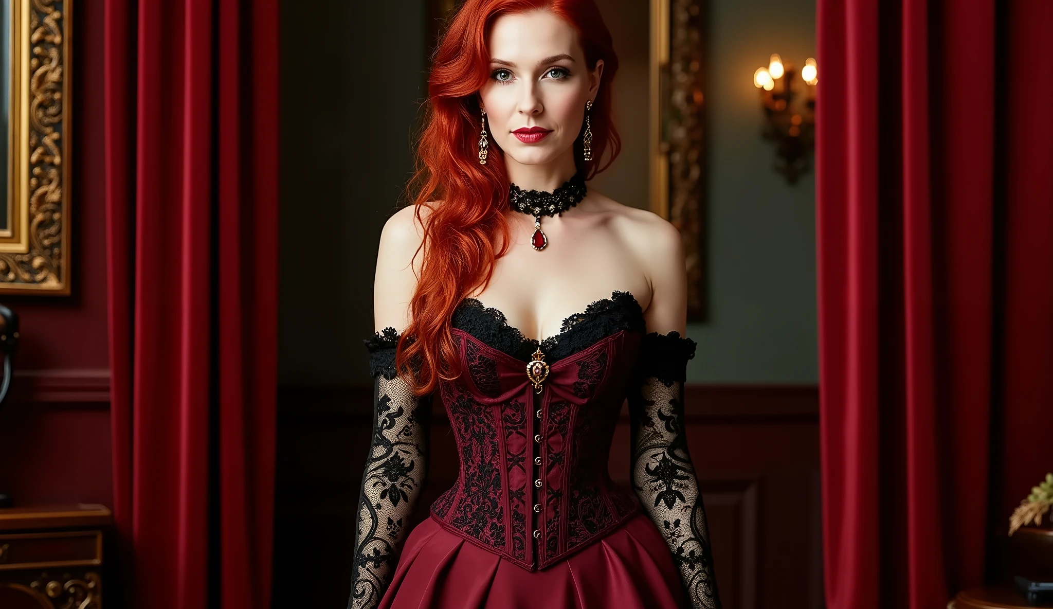 "Design a luxurious and provocative outfit for Madame Ruby Valentine, a seductive and powerful madam from a gritty Old West town. She should wear a deep burgundy corset dress with intricate black lace detailing, enhancing her hourglass figure. The dress should have an elegant but daring neckline, off-the-shoulder sleeves with delicate lace gloves, and a flowing layered skirt with a high slit showing a garter belt. Accessories include a black velvet choker with a ruby pendant, golden earrings, and a few rings hinting at hidden wealth. Her fiery red hair should be styled in classic Hollywood waves, pinned to one side, with a small feathered hat or hairpiece. Footwear: black leather Victorian boots with modest heels. The background suggests the rich, smoky interior of her bordello — heavy red velvet curtains, dim chandeliers, and ornate gold-framed mirrors. The mood should be sultry, powerful, and mysterious, with cinematic, dramatic lighting."