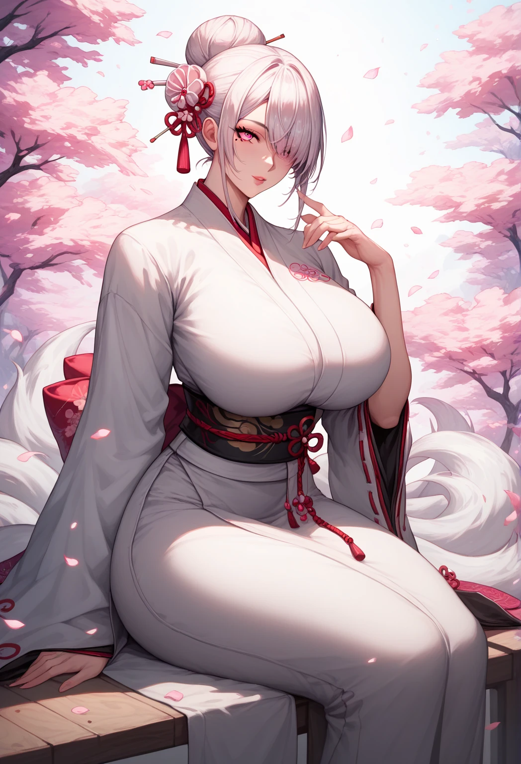 (Uhd, Masterpiece, Textured Skin, Super Detail, High Details, High Quality, Best Quality), Detailed Face, 1woman, mature pretty woman, ((wide hips, thick thighs, huge breasts)), ((Long gray hair tied:1.5)), ((White kimono), (Pants), (Huge body), (Cultivator), Courtyard with a stone floor, (Kitsune:1.3)