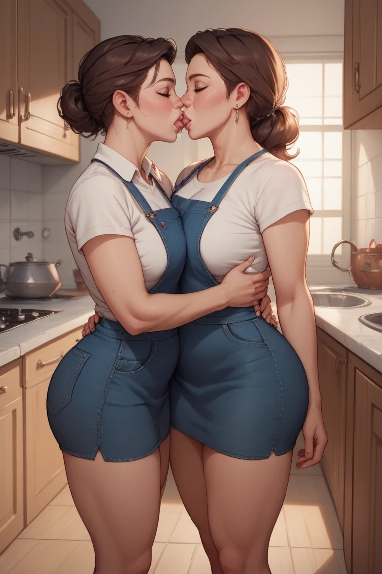anime, 2 girls, mother and daughter, child, daughter has her back to the wall, In a kitchen, squeezing her ass, mother wearing suit, daughter wearing tops and panties, kissing mother