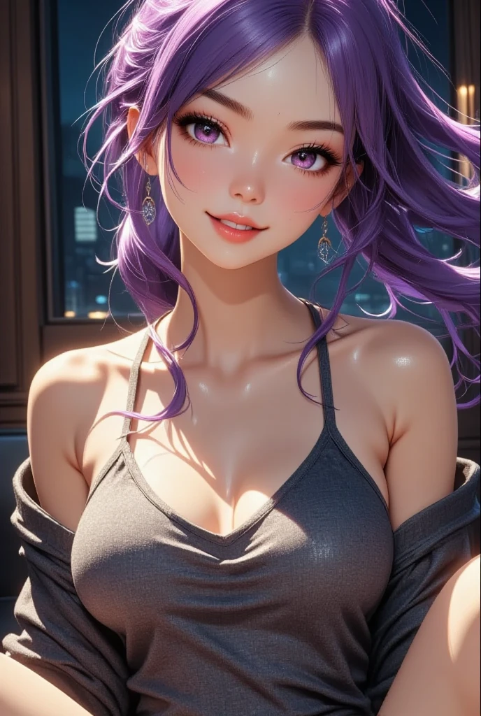 Character Details:, - Gender: 1 Girl. - Style: Anime, - Body Type: Attractive body, slim body, nice legs, slim tights, nice arms, nice shoulders. - ((Small Breast)) - Facial Features: Beautiful, Gorgeous, Teenager, Fresh, Young. - Expression: Teeth Smile, Pink Blush on Face, Sexy Eyes, Sexy Look, Innocent Look, Tipsy. - Clothing: (White Tank Top), (Jeans). - Body Pose: Sitting. - Behaviour: Waiting, Want Something, Secretly. - Accessories: Earrings., Environmental Details:, - Setting: Office Room., - Lighting: Natural Light., - Decoration: Modern Office Desk, Chair, Window, White Curtain, City View., pov, anime style, UHD, retina, masterpiece, accurate, anatomically correct, textured