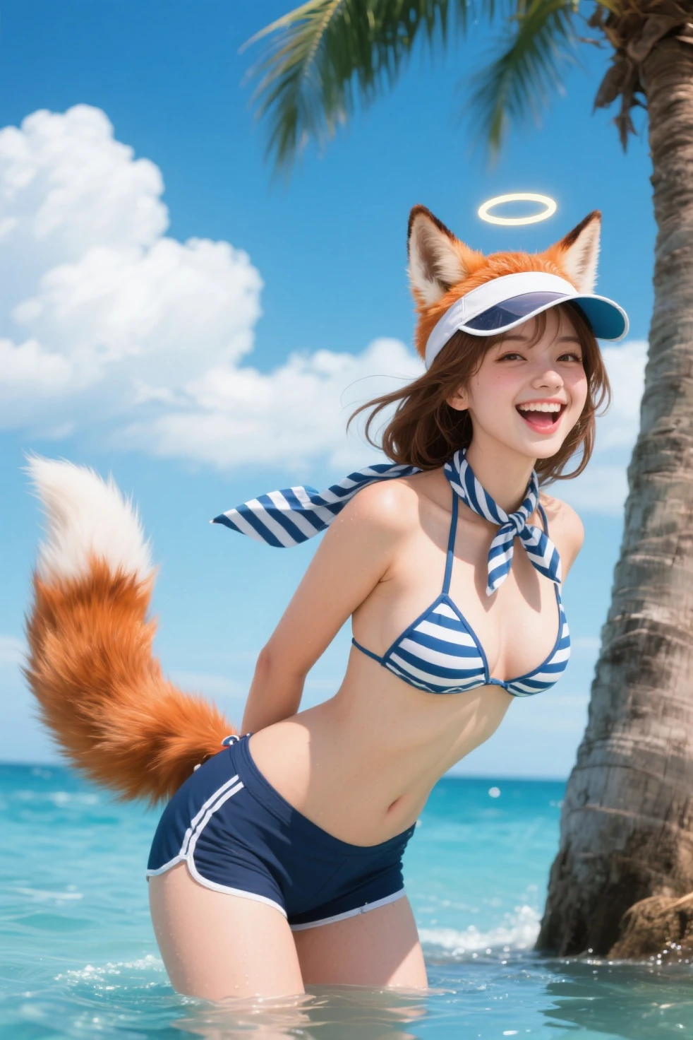 masterpiece,High resolution, animal_ears, tail, 1 Girl, water着, bikini, palm_wood, Fox_tail, shorts, Fox_ears, scarf, Striped_bikini, wood, Open_mouth, smile, Front Tie_superior, Striped, Front Tie_bikini, animal_ear_Fluff, alone, brown_hair, Ocean, Day, visor_cap, cloud, null, short_shorts, green_null, Fox_tail, chest, Fox_, water, Tilt_forward, belly button, Fox_ears, Hello