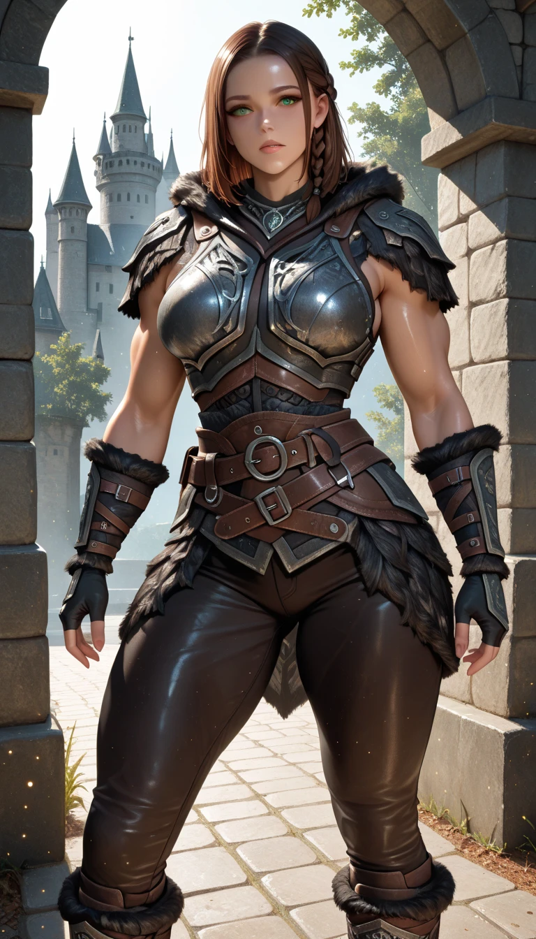 8k,Realistic, A bold German woman(Like the real thing), A large woman wearing brown and black armor.,A muscular, macho woman with a bold face.,Tan Skin,Mohawk Hair,brown pants and protectors,Surreal,Cordial,Focus on the audience,masterpiece,PhotoRealistic RAW photos of the highest quality。Bright colors,Rich colors, Backlight, Cinema Lighting, Film Grain, to be born, 50mm lens, Nikon D850,Realistic skin,Fantasy art,Character Art,Ultra-high resolution,Realistic scale skin,Perfect hand shape,View your viewers,Beautiful expression,Dynamic fighting pose,Very big smile,Muscular Beauty,Bodybuilder,Carrying a very large sword,Very large breasts,Very tanned skin,In front of the ruins of the temple,German female mercenary,Medieval architecture,Uplifting,