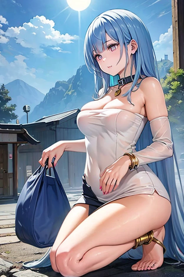 official art, masterpiece, sharp focus, (Beautiful gorgeous cute korean woman:1.3), (Beautiful and cute Korean:1.3), korean beauty, Delicate and beautiful hair, eyes and face, realistic, super detailed, beautiful girl, blue sky, white glowing particles, (side light:1.2), Light of the sun, White cloud, detailed clouds, thin, nice very big breasts and very big hips, smile showing teeth, ((smile with eyes, open both eyes)), scenery, long straight hair, sexy look, building, (cityscape:1.7), dynamic hair, long straight hair, fine platinum pink hair, blue glowing eyes, (blue pleated shirt + white skirt), white long socks, white skin, hair ornaments, epic scenery,