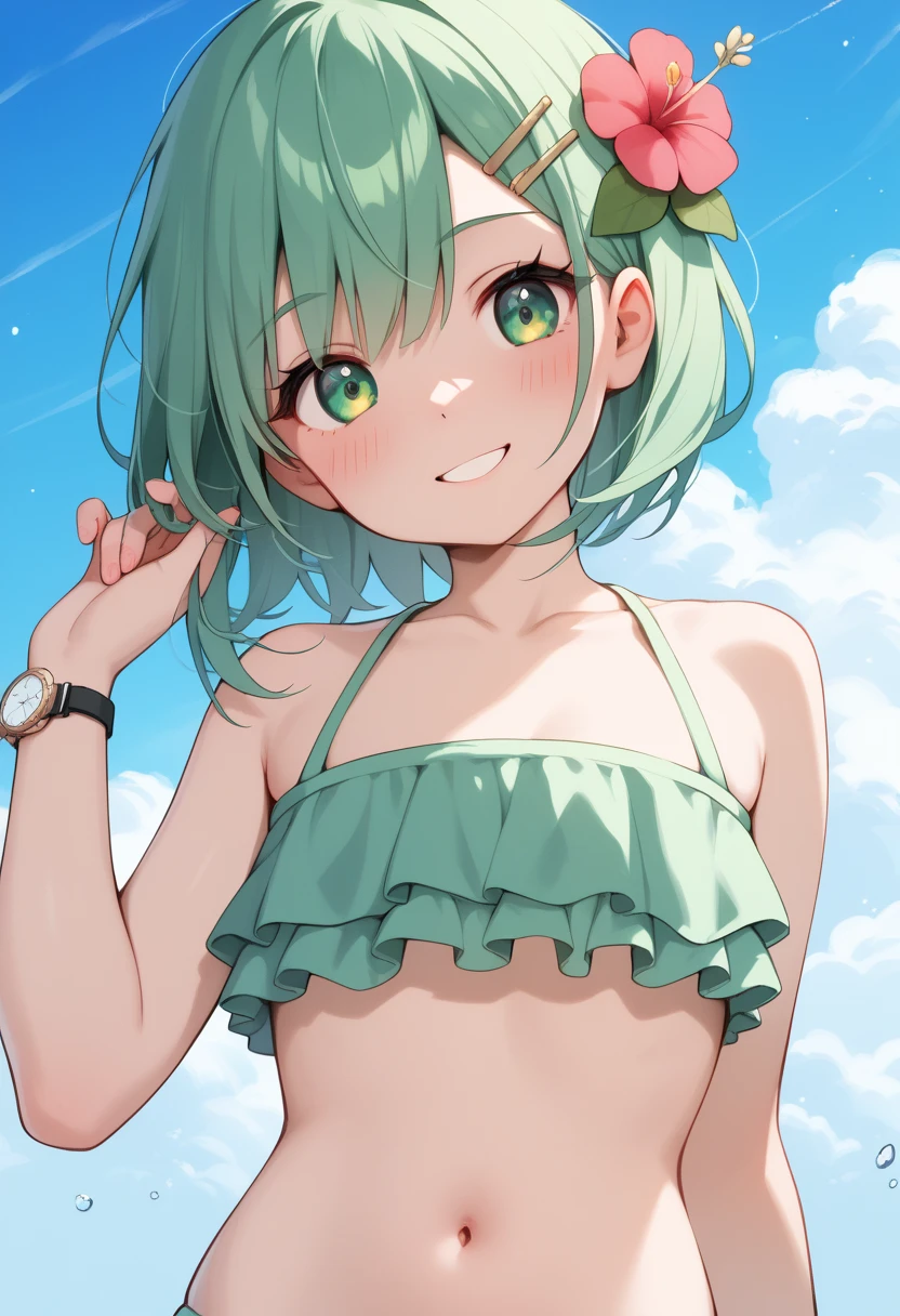 (masterpiece), (best quality), 1girl, small breasts, short hair, wavy hair, green eyes, bikini, sunhat, looking at viewer, armpit, white background