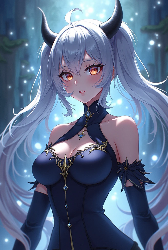 ((Sketch)), (Watercolor), 1girl, long white hair, messy hair, (four demon horns), demon tail, light blue eyes, beautiful eyes, pointy ears, detailed lips, smirk, choker, collarbone, bare shoulders, large breast, wide hips, (black revealing clothes with blue ornate), (pelvic curtain), center opening, thigh gap, black fingerless gloves, (blue flames, blue fire background), hip dips, thick thighs, perky breasts, erect nipples