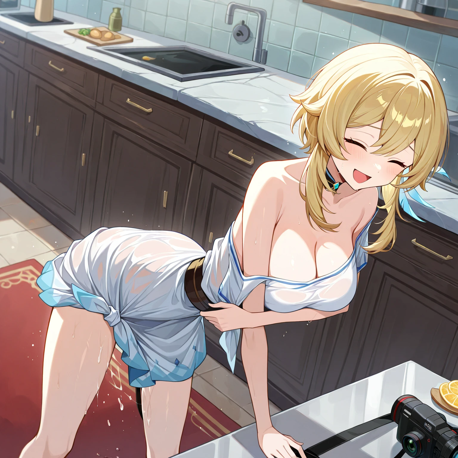 Highest Resolution,Highest quality,A beautiful girl with a crying face drinking a glass of water in a nude apron,kitchen,Tears,Open your mouth and drool,whole body,front,Sweat profusely,Beautiful eyes,Lots of saliva,