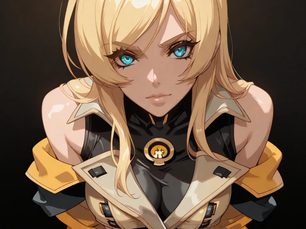 (best quality,ultra-detailed), anime girl, boku no hero, yellow hair, sharp face, huge breasts, black eyes,