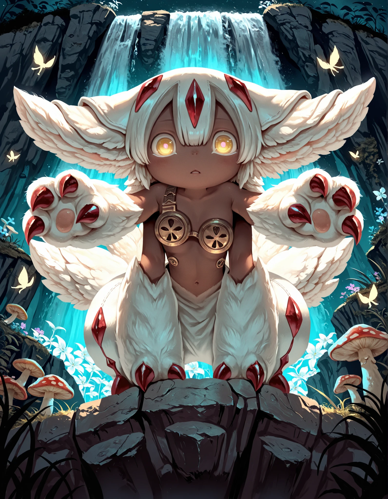 [by Manino \(Mofuritaionaka\):realistic:0.65], [:by Rei \(Sanbonzakura\):0.65],, solo, faputa,dark-skinned female, white hair, extra arms, white fur, multiple tails, claws, looking down at viewer, under surface view, low-angle view, reaching towards viewer, glowing eyes, BREAK, masterpiece, best quality, made in abyss, restricted palette, detailed background, depth of field, shadow, magenta light, cyan light, dark night, cliff pillar, runis, plant, waterfall, mushroom, flower, ambient firefly