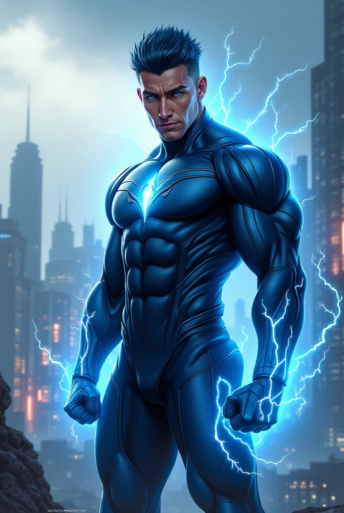 I drew a man in blue combat gear, muscular and radiating energy, and I wanted to release a different kind of energy.