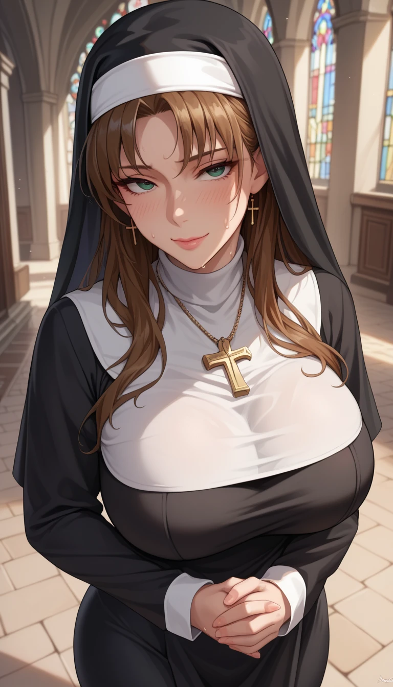 Hot sexy beautiful nun milf mom ,big long silver hoops earrings,brown hair,blush,brown eyes, necklace ,wavy blunt hair, lipstick,huge
breasts ,nun uniform