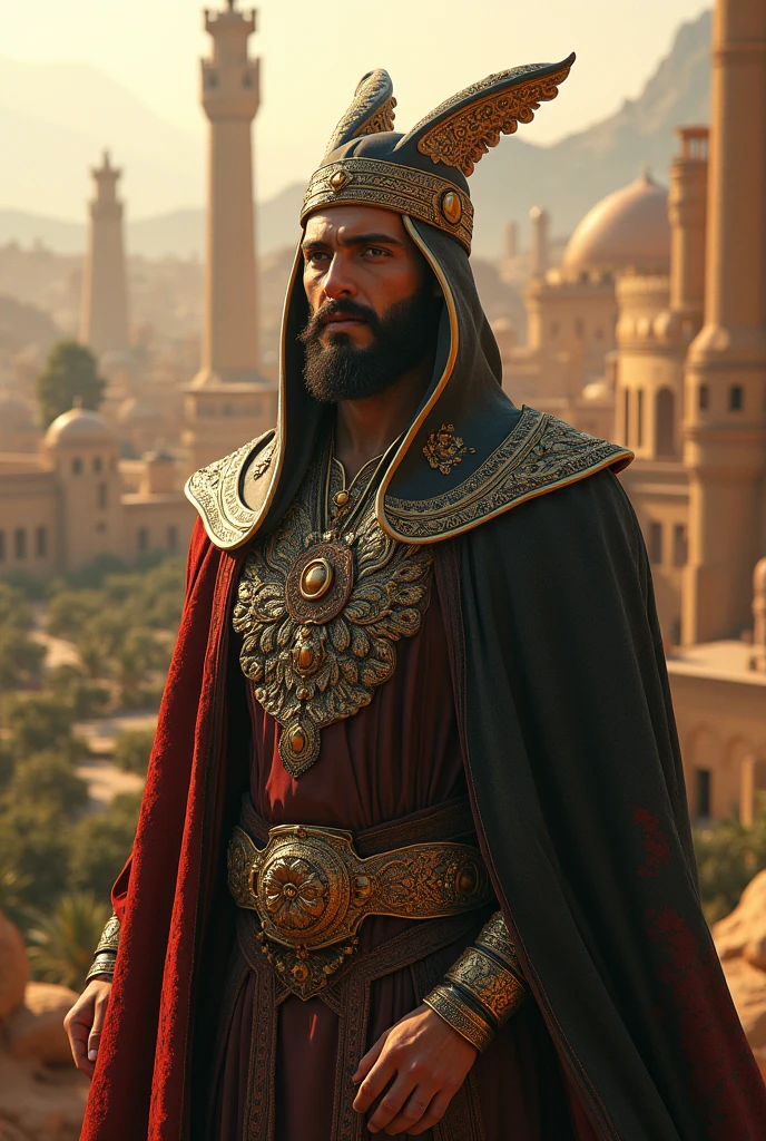 Man in white bathrobe and gold belt standing in front of a city, handsome prince of persia, 8k portrait render, estilo fantasia 8 k octane render, cinematic full character, detailed cinematic render, very detailed cinematic, middle eastern skin, cinematic detail, no estilo de jogo 8k, highly detailed cinematic, Personagem pequeno. Motor Unreal 5