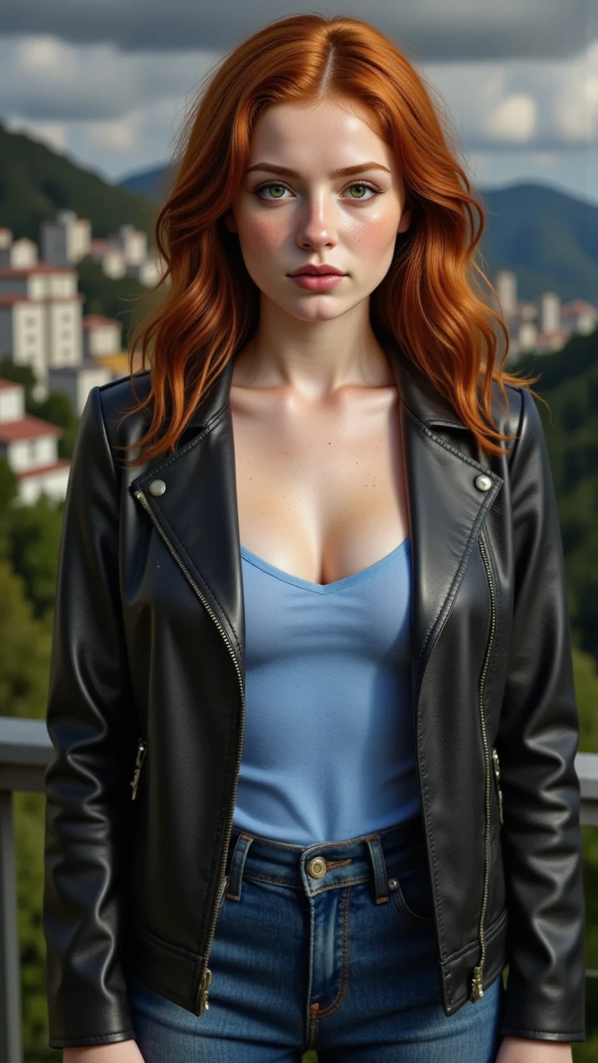 naked, nude, naked pussy, open legs pose,A photo of a seductive woman with loose style. (red hair:1.1), bored, wears a hoodie, a black leather jacket and leggings, , (textured skin, skin pores:1.1), (moles:0.8), imperfect skin, Goosebumps, Perfect face, (light freckles:0.9), ((photorealistic):1.1), (RAW, 8k:1.3),