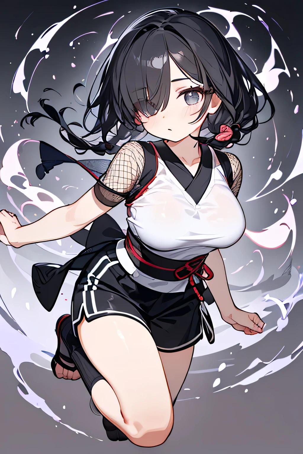 NINJA WIND,((Hair covering one eye)),mystical atmosphere, natural body,(Ninja costume, mesh short sleeve+shorts,), socks,detailed clothes,(slender figure,marshmallow breasts ,),beautiful black hair,well-groomed face,transparent skin,Fair skin,Japanese face,