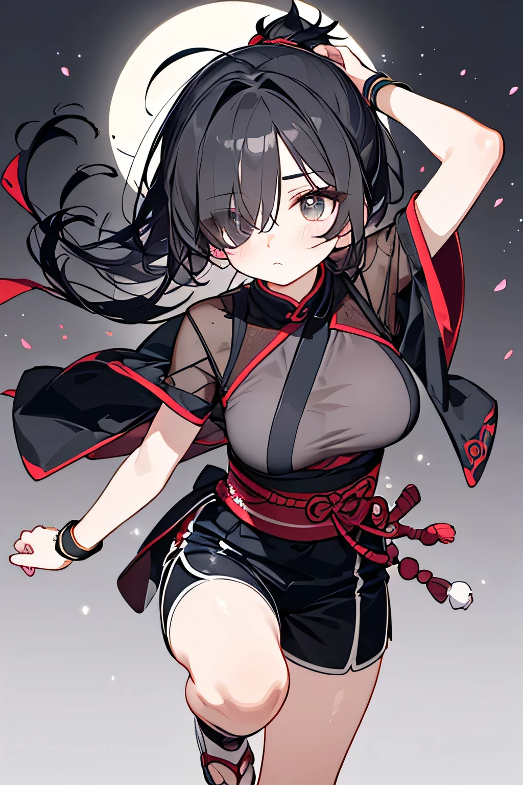 NINJA WIND,((Hair covering one eye)),mystical atmosphere, natural body,(Ninja costume, mesh short sleeve+shorts,black), socks,detailed clothes,(slender figure,marshmallow breasts ,),beautiful black hair,well-groomed face,transparent skin,Fair skin,Japanese face,