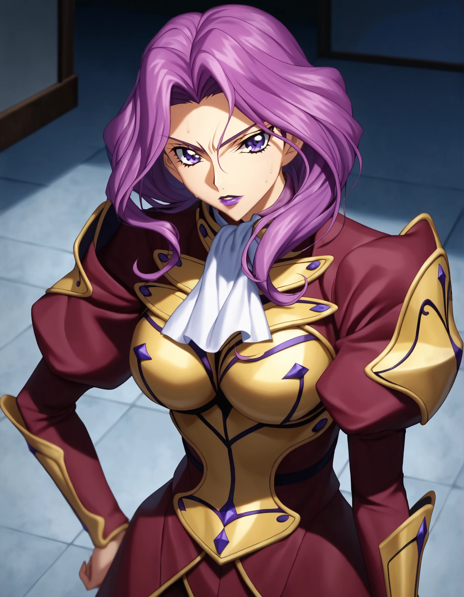 score_9, score_8_up, score_7_up, score_6_up, score_5_up, score_4_up, (high resolution, pixel perfect, gorgeous illustrations, anime coloring), (hyper quality, muste piece, etheric: 1.4), official art, official style, anime, animated, explicit, anime screencap, nsfw, ((1girl)), cornelia li britannia (Code Geass), (cowboy shot), (purple eyes, purple hair, lipstick, purple lips, large breasts), ((Exquisite face, aroused)), open stance, ((Chinese_armor)), sweat,