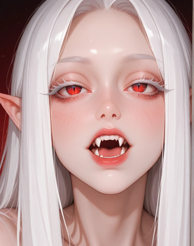 (masterpiece, absurdres, best quality:1.2), 1girl, solo, 1girl, portrait, precise, full body, finely detail, depth of field, shine, highres, original, perfect lighting, colorful, centered, realistic face, photorealism, (white smoking, white pants, platinum hair, bob cut, ring earrings, red lipstick), (pointy ears, pointy teeth, sharp teeth), blunt bangs, (breasts), (glasses, sunglasses, round tinted yellow glasses)