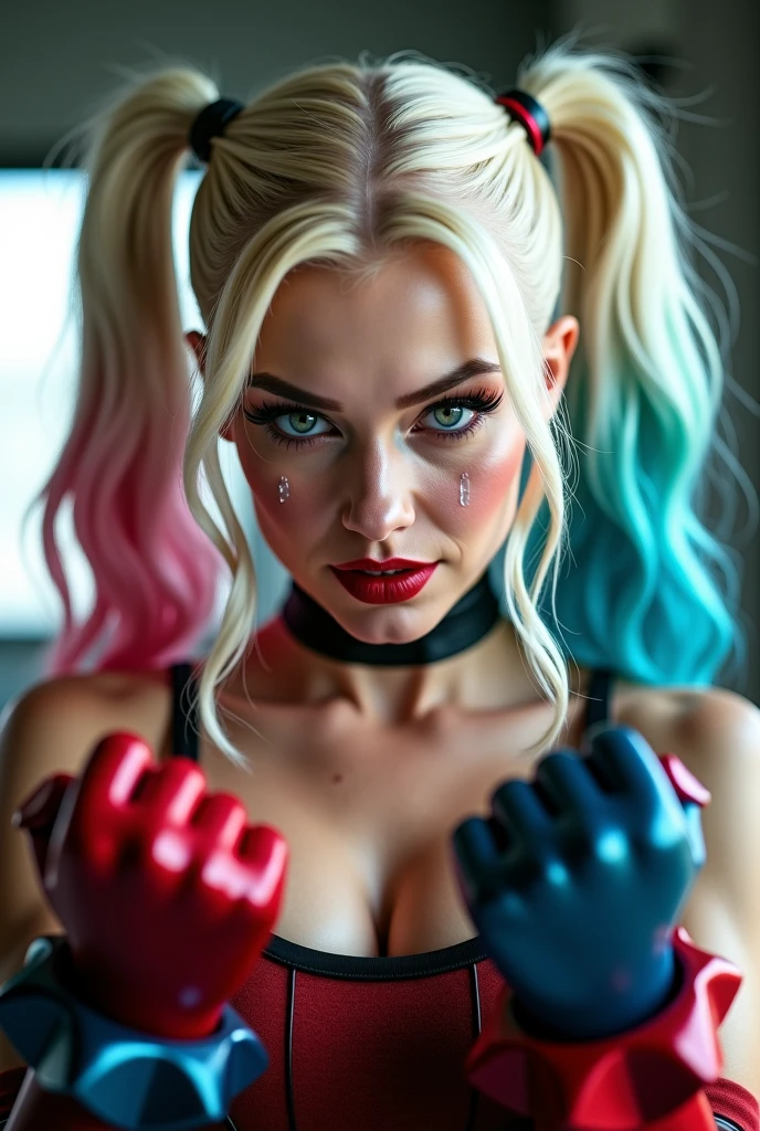 Harley Quinn, a man is pushing her face toward Gus penis, she cries, she performs fellatio, he forces her to give him a blowjob, he pushed his penis into her mouth, her face get sprayed with semen from the penis , he touches her face with his penis, she is screaming, her hand are handcuffed together, the man is pulling on her hair, his penis sprays Harley in the face with cum, her face is drips with semen, she is screaming and scared,
