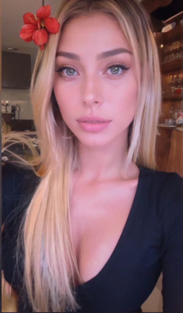 Mulher olhos azul cabelo logo loiro original amarelo, vestindo roupa comum
corpo inteiro