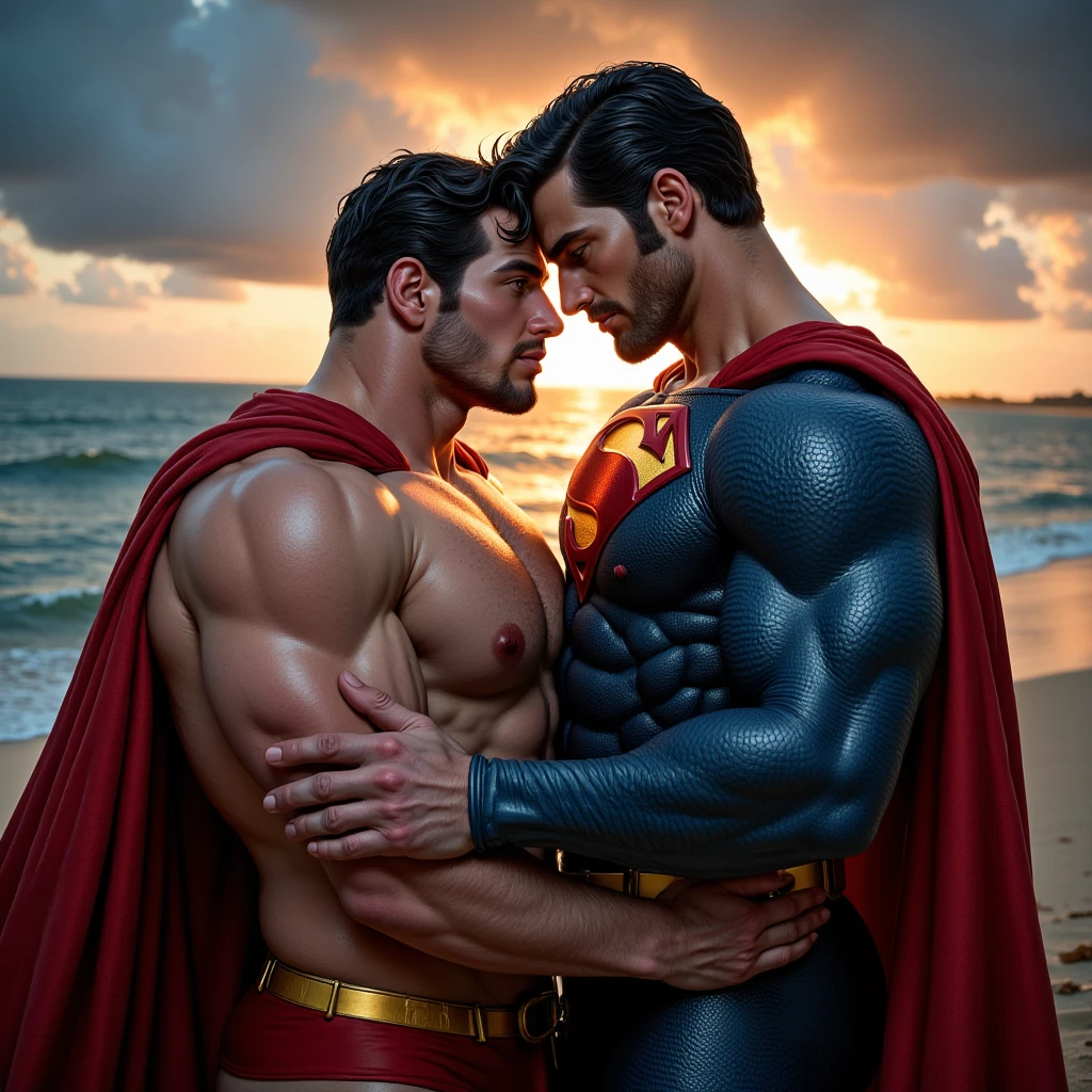 Master piece, Best quality, Super-resolution, Depth-of-field, Henry cavill kiss Chris evans, muscular, waterfall,