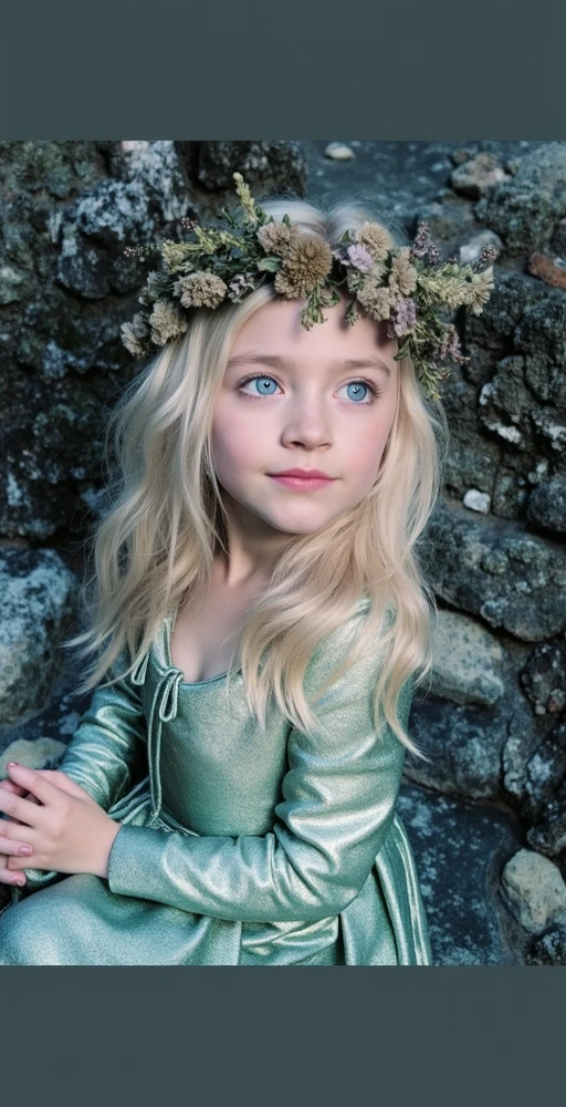 Girl child 10 years old, Russian blonde in braids, portrait, com roupa de jaqueta de couro green E CHAPEU DE BRUXA , fundo de bolas de fogo verde. --auto --s2